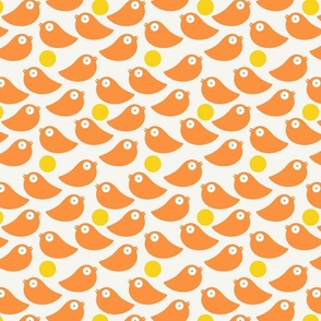 Orange birds on a soft white background with yellow dots - simple cut out retro shapes - medium