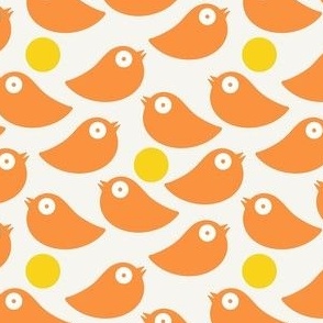 Orange birds on a soft white background with yellow dots - simple cut out retro shapes - small