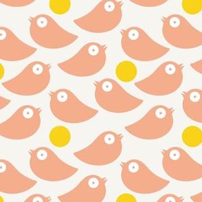 Peach birds on a soft white background with yellow dots - simple cut out retro shapes - large
