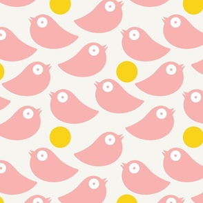 Pink birds on a soft white background with yellow dots - simple cut out retro shapes - large