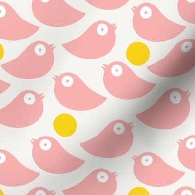 Pink birds on a soft white background with yellow dots - simple cut out retro shapes - medium