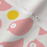 Pink birds on a soft white background with yellow dots - simple cut out retro shapes - medium