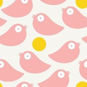 Pink birds on a soft white background with yellow dots - simple cut out retro shapes - medium