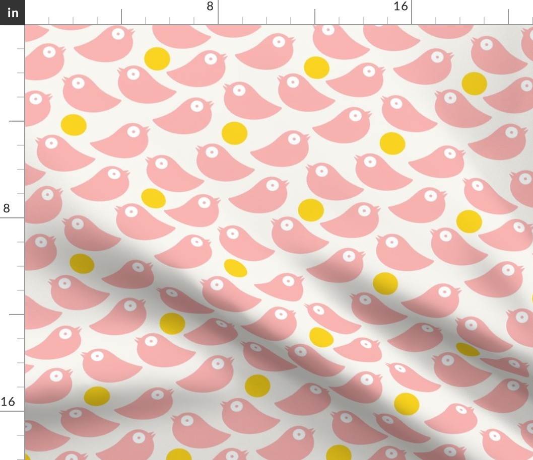 Pink birds on a soft white background with yellow dots - simple cut out retro shapes - medium