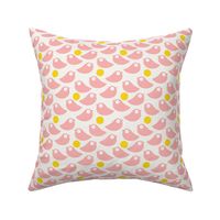 Pink birds on a soft white background with yellow dots - simple cut out retro shapes - small