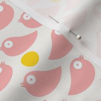 Pink birds on a soft white background with yellow dots - simple cut out retro shapes - small