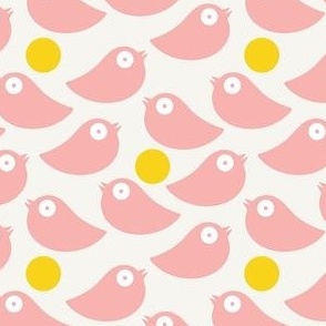 Pink birds on a soft white background with yellow dots - simple cut out retro shapes - small