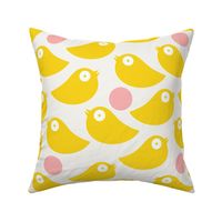 Yellow birds on a soft white background with pink dots - simple cut out retro shapes - large