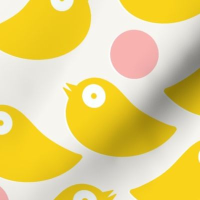 Yellow birds on a soft white background with pink dots - simple cut out retro shapes - large