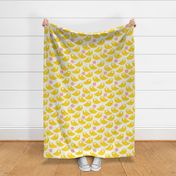 Yellow birds on a soft white background with pink dots - simple cut out retro shapes - large