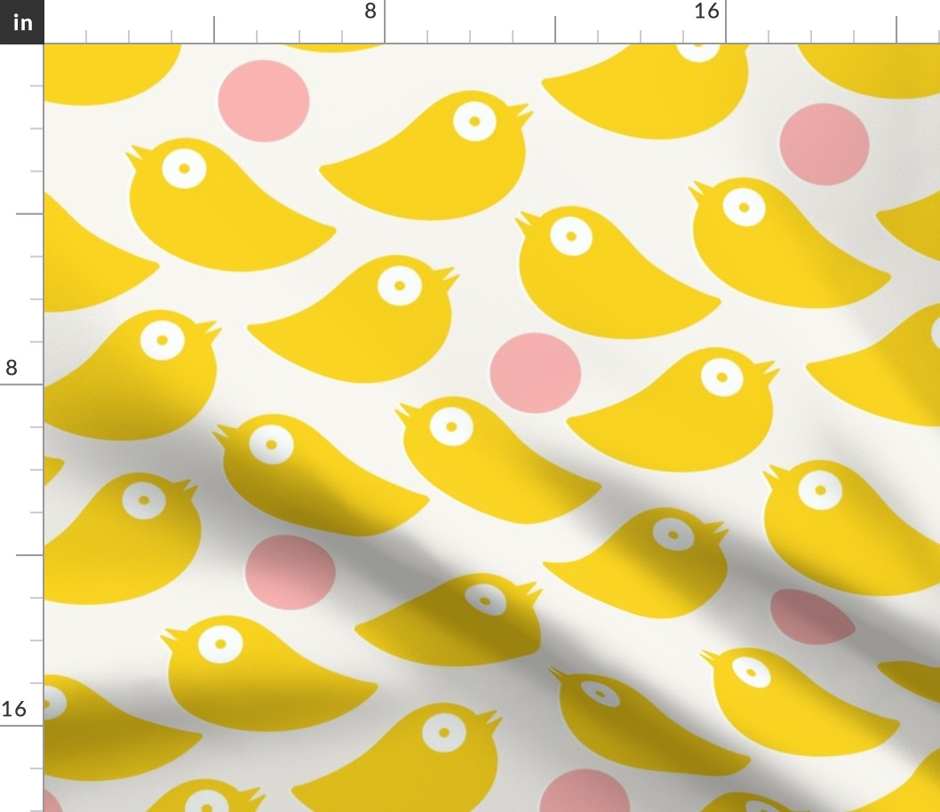 Yellow birds on a soft white background with pink dots - simple cut out retro shapes - large