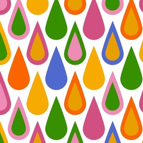 Cheerful bathroom wallpaper - colorful water drops - geometric_ bright and happy - pink_ orange_ purple_ yellow_ green and blue on a white background - large