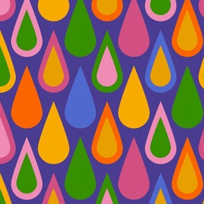 Cheerful bathroom wallpaper - colorful water drops - geometric, bright and happy - pink, orange, purple, yellow, green and blue on a dark slate blue background - large