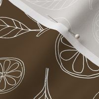 Lemons, oranges, leaves and blooms - hand-drawn line work on cafe noir dark brown