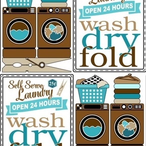 Laundry Icons and Typography // Wash, Dry, Fold // Self Serve Laundry, Washer, Dryer, Clothespins // Dark Brown, Caramel Brown, Khaki, Ocean Blue, Turquoise, Black and White // 800 DPI