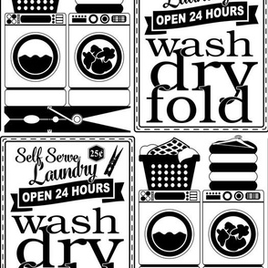 Black and White Laundry Icons and Typography // Wash, Dry, Fold // Self Serve Laundry, Washer, Dryer, Clothespins // 800 DPI