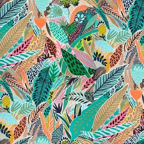 Teal and orange hand-drawn leaves