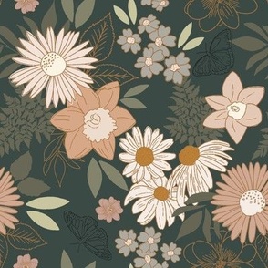 Spring Meadow  Floral / Hunter Green