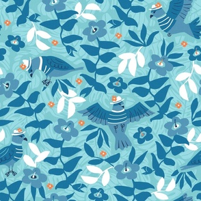 Pigeon Birds and Tropical Flowers Blue and White
