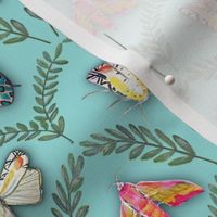 Picasso Bugs and Picasso Moths painted in Acrylic in a painterly style with leafy damask on blue