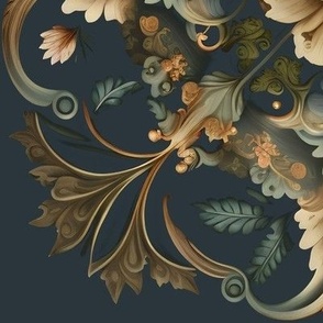 Ornate Romantic Floral Pattern on Muted Blue