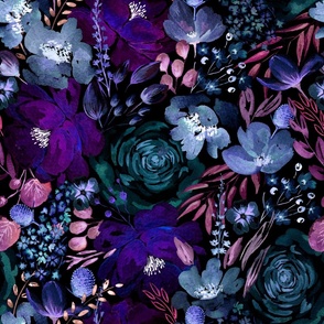 Floral Chaos Dark Blue - Victorian Vintage Romantic Moody Florals