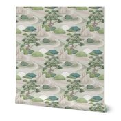 Japanese Moss Garden- Bonsai Pine Tree- Peaceful Earth Tones- Soothing Neutrals- Calming Natural Colors- Relaxing Earthy Green Wallpaper