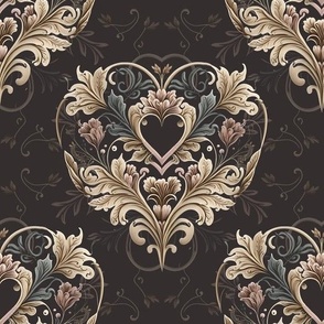 Ornate Hearts Romantic Floral Pattern on Muted Brown