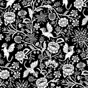 Pollinator dragons - traditional fantasy floral, goth in black and white - large