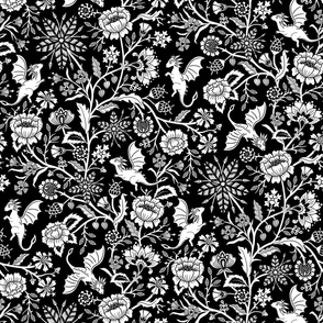 Pollinator dragons - traditional fantasy floral, goth in black and white - mid-large