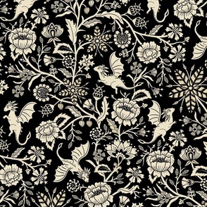 Pollinator dragons - traditional fantasy floral, goth in black and cream - large