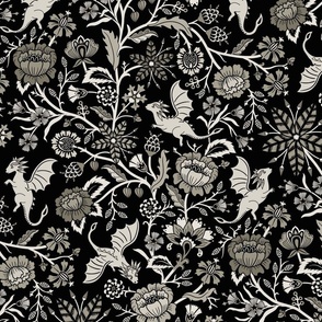 Pollinator dragons - traditional fantasy floral, goth - selenium, warm grey-scale - large