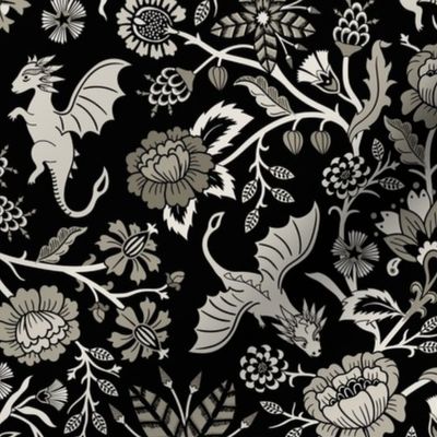 Pollinator dragons - traditional fantasy floral, goth - selenium, warm grey-scale - mid-large