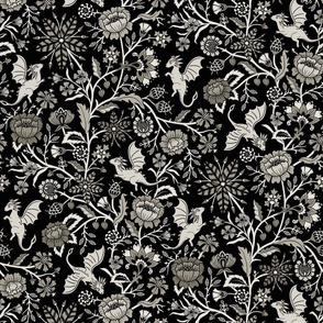 Pollinator dragons - traditional fantasy floral, goth - selenium, warm grey-scale - mid-large