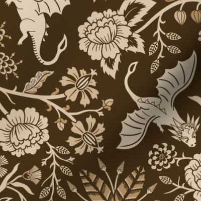 Pollinator dragons - traditional fantasy floral, goth - antique, brown gold - large