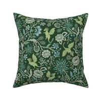 Pollinator dragons - traditional fantasy floral, goth - deep emerald green - mid-large