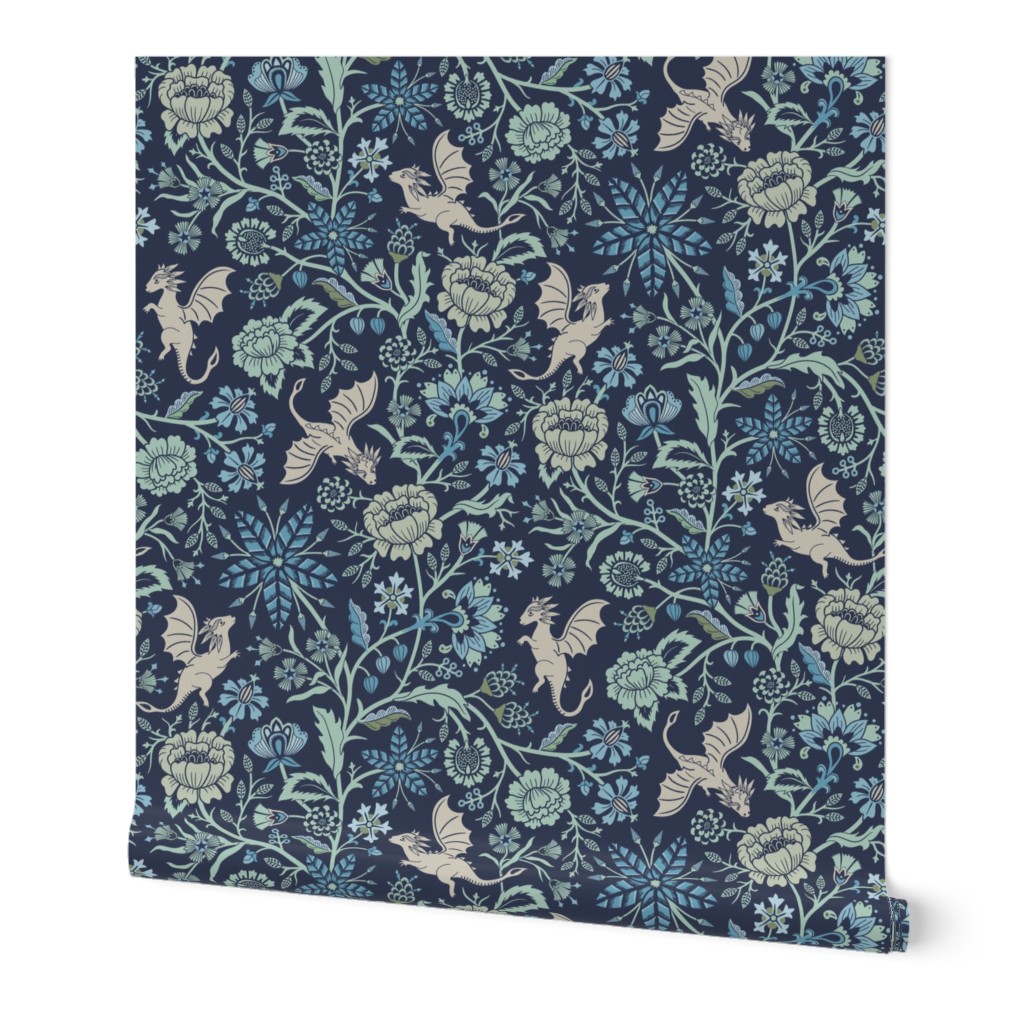 Pollinator dragons - traditional fantasy floral, goth - navy blue and aqua green - large