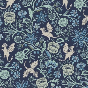 Pollinator dragons - traditional fantasy floral, goth - navy blue and aqua green - large