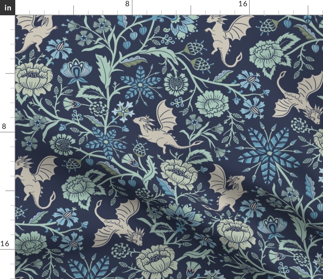 Pollinator dragons - traditional fantasy floral, goth - navy blue and aqua green - large