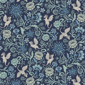 Pollinator dragons - traditional fantasy floral, goth - navy blue and aqua green - mid-large