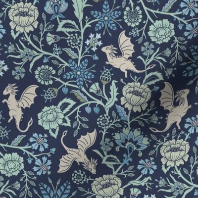 Pollinator dragons - traditional fantasy floral, goth - navy blue and aqua green - medium