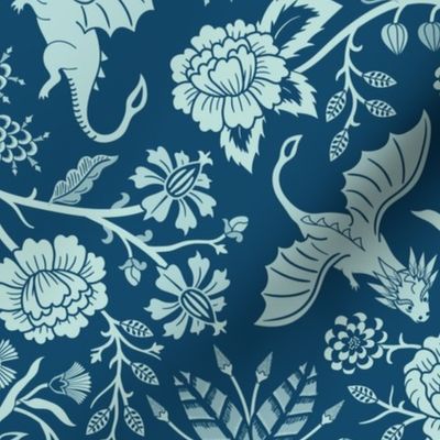 Pollinator dragons - traditional fantasy floral, goth - cyanotype monochrome - large