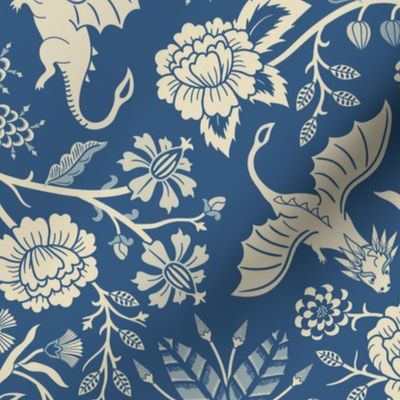 Pollinator dragons - traditional fantasy floral, goth - french blue and cream - large