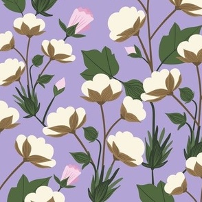 ivory cotton blooms and pink roses on digital lavender - Coordinate 2 of 3