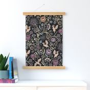 Pollinator dragons - traditional fantasy floral, goth - muted jewel tones on black - large