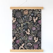 Pollinator dragons - traditional fantasy floral, goth - muted jewel tones on black - large