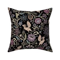 Pollinator dragons - traditional fantasy floral, goth - muted jewel tones on black - large