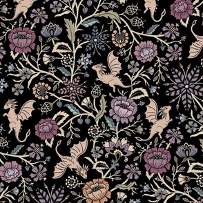 Pollinator dragons - traditional fantasy floral, goth - muted jewel tones on black - large