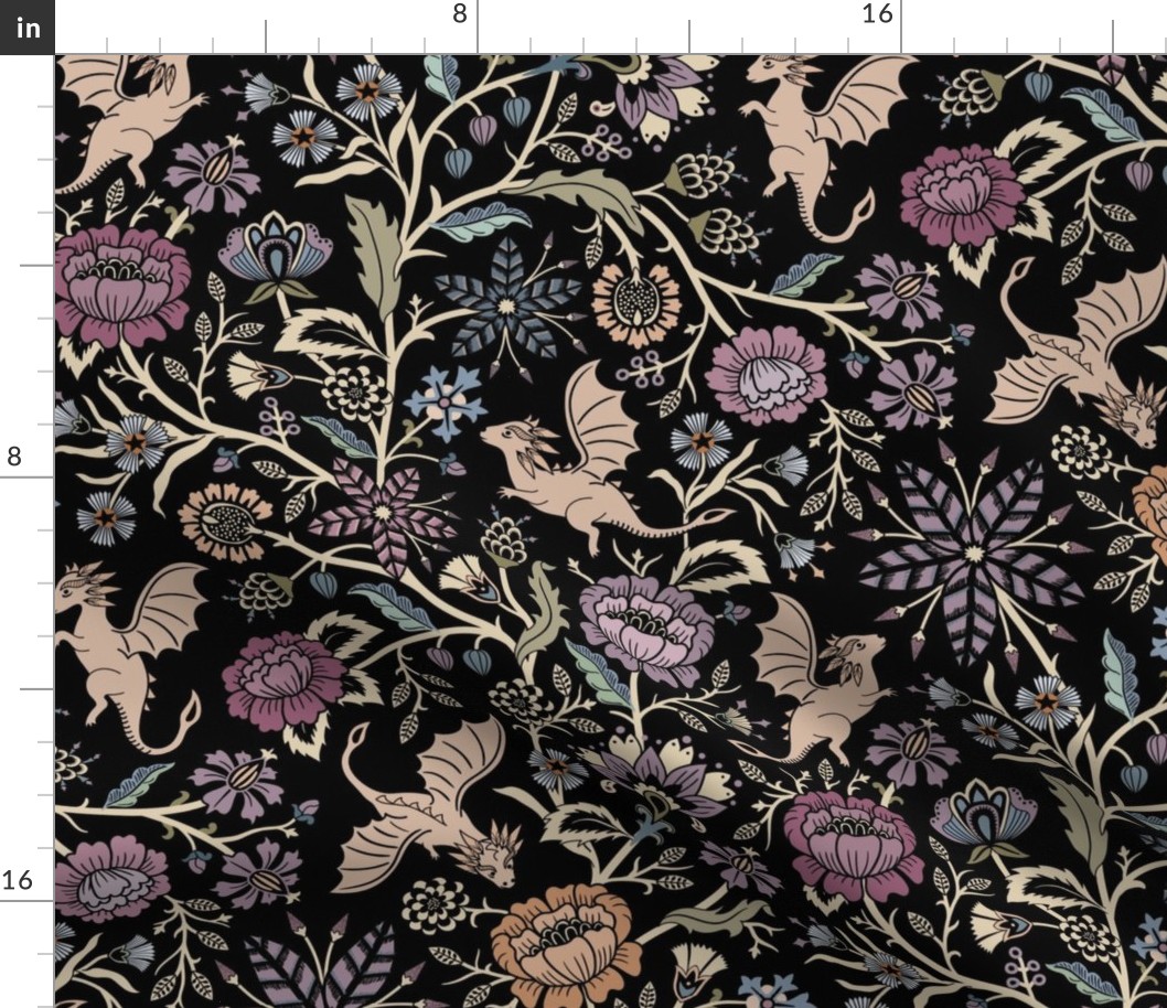 Pollinator dragons - traditional fantasy floral, goth - muted jewel tones on black - large