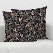 Pollinator dragons - traditional fantasy floral, goth - muted jewel tones on black - mid-large